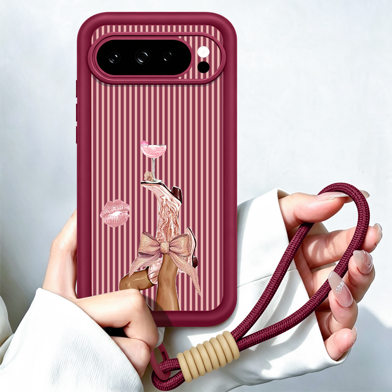 Google Pixel 9 - 줄무늬 와인잔 패턴의 스트랩형 휴대폰 케이스