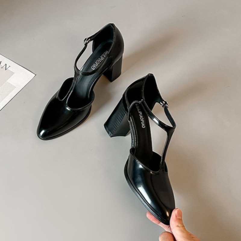 Leather Classic Strap - 메리 제인 슈즈 블랙 하이힐 여성