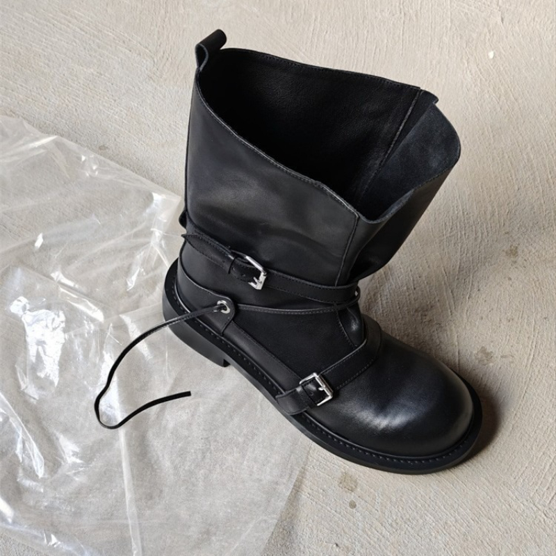 Leather Classic Strap - 레트로 버클 미드 카프 부츠 여성용