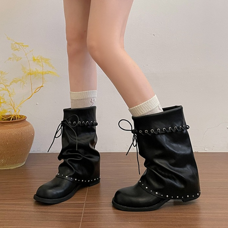 여성 슬라우치 미드 카프 부츠 라운드 토 레이스업 리벳 - Leather Classic Strap 리뷰 및 가격